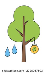 Grüner Baum mit hängender Glühbirne und Wassertropfen, symbolisiert umweltfreundliche Energie