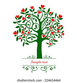 Green tree with heart  isolated on White background. Vector illustration 