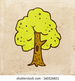 Green Tree with a Hollow. Cute Hand Drawn Vector illustration, Vintage Paper Texture Background