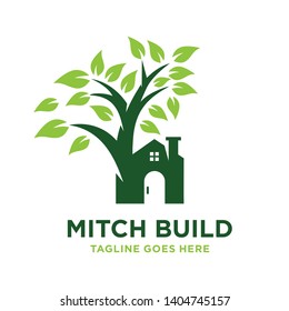 Green tree house building logo design