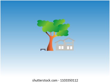 Green tree and house  on blue background, relax concept.