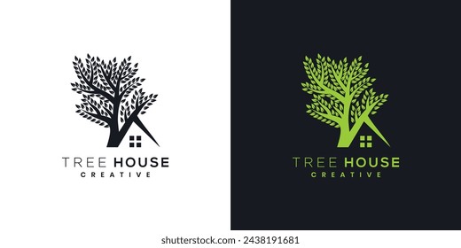 Green tree house vector logo, growth ecology tree house logo.	
