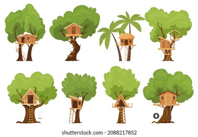 Green tree houses set vector flat illustration. Collection childish rural hut on woods trunks with stairs, door and window isolated. Small wooden architecture building on branch for playing adventure