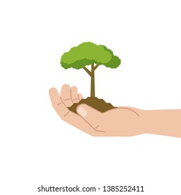 Green tree in human hand on white background. Vector illustration in flat style. The concept of environmental protection and agriculture.