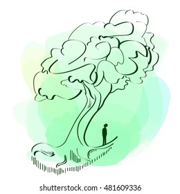 Green tree. Human silhouette. Bright aquarelle background. Watercolor spot. Vector illustration for eco design