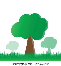 Green tree icon. Cartoon of isolated trees and herbs, settling on green grass. Garden vector illustration.