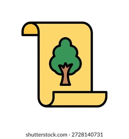 Icono de árbol verde centrado en el gráfico de desplazamiento amarillo con un contorno negro audaz que simboliza la naturaleza y la sostenibilidad