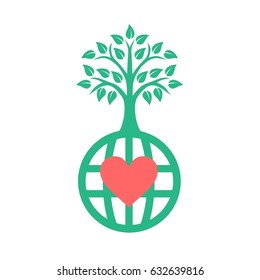 Green tree icon, ecology logo with red heart, globe, earth symbol