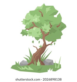 green tree icon with many leaves. dense trees with grass, rocks. isolated on a white background. suitable for theme parks, plants, forests, greenery, etc. flat vector design.