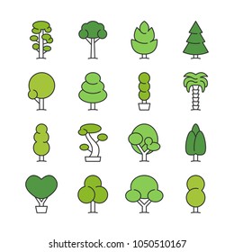 Green tree icon. Green tree outline. Shaped Trees line art. Nature and ecology, outdoor growing sign. Palm, spruce, bonsai icon design.