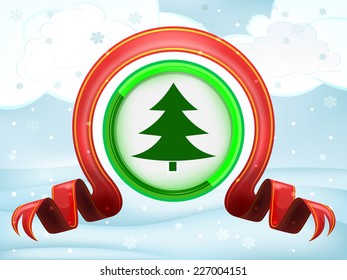 green tree icon with xmas bow at winter scenery vector illustration
