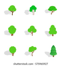 Green tree icons set. Isometric 3d illustration of 9 green tree vector icons for web