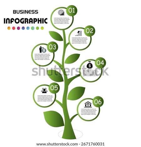 Green tree infographic with six circular steps, ideal for eco business concepts, growth strategies, sustainability plans, or environmental presentations.	