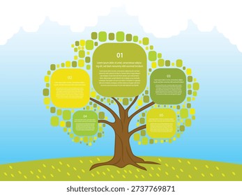 Green Tree Infographic Template with Five Step Sections, Business Growth Concept Diagram on Nature Background.
