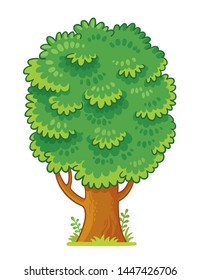 A  green tree isolated. Vector illustration with leafy bush in the meadow in cartoon style.