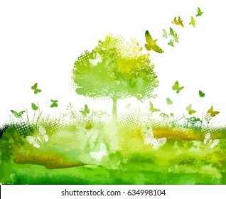 Green tree landscape with birds and butterflies. Vector