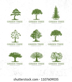 Green Tree Landscape Design Sign Concept. Organic Gardening And Land Solutions Creative Hand Crafted Illustration On Rough Texture Background