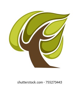 Icono de árbol verde y hoja de árbol o plantilla de logotipo. Símbolo vectorial aislado de arce de dibujos animados, roble o elmo y arce caducifolia para ambientes ecológicos o icono de plantación de horticultura