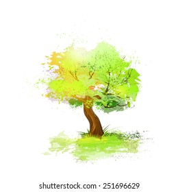 green tree with leaves and brown bark isolated over white background, vector illustration