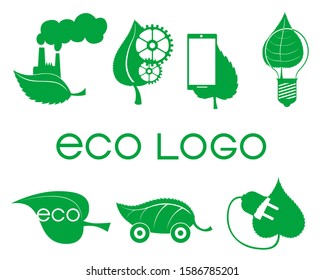 Hojas verdes de árboles y objetos industriales. Conjunto de eogotipos aislados sobre el tema de la ecología sobre un fondo blanco