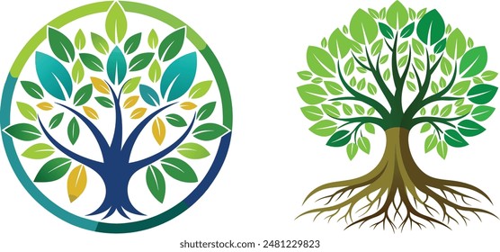 Árbol verde con diseño de logotipo de hojas, Plantilla de logotipo de Vector de árbol circular