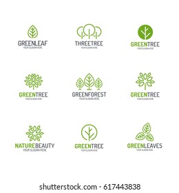 Green tree and leaves logo set line style for natural product store, organic shop, ecology company, nature firm, alternative medicine, green unity, garden, farming, forest etc. Vector Illustration