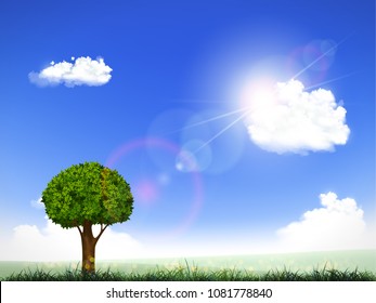 Green tree with leaves. Natural background. Rural scene with clouds and sun. Stock vector illustration.