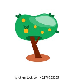 Green tree with leaves, oranges and apples. Vector drawing on a white isolated background. Illustration in flat, cartoon style.