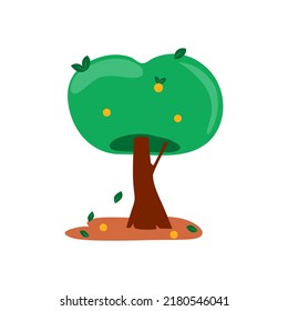 Árbol verde con hojas, naranjas y manzanas. Dibujo vectorial sobre un fondo blanco aislado. Ilustración en estilo plano, caricatura.