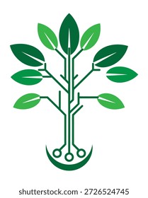 Ein grüner Baum mit Blättern und Wurzeln auf weißem Hintergrund