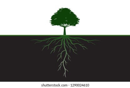 Green Tree with Leaves and Roots. Vector Illustration. Plant and Garden.