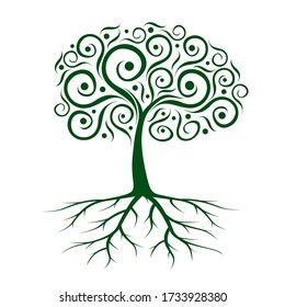 Green Tree with Leaves and Roots. Vector outline Illustration. Plant in Garden.