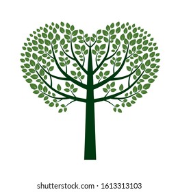 Green Tree with Leaves. Shape of heart. Vector outline Illustration. Plant in Garden.