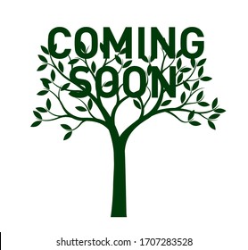 Green Tree with Leaves and text coming soon. Vector outline Illustration. Plant in Garden.