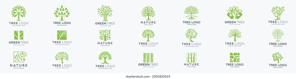 Green tree of life, eco friendly tree icons, perfect for branding nature logos, eco friendly campaigns.diverse designs symbolizing growth ecology.
