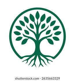 Green tree of life roots circle. A circular nature symbol with branches and leaves. Isolated on a white background.