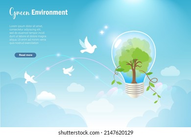 Green tree in lightbulb with flying bird in sky. Environmental friendly and protection. Sustainable environment to save energy and carbon emission reduction. Renewable ecology and earth day concept.
