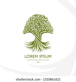 Green tree logo. Abstract and modern illustration. Isolated vector. Great for emblem, monogram, invitation, flyer, menu, brochure, background, or any desired idea.