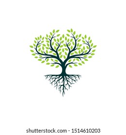 Green tree logo. tree with dense leaves and roots on white background