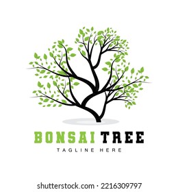 Green Tree Logo Design, Bonsai Tree Logo Illustration, Leaf And Wood Vector