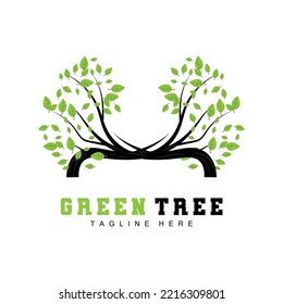 Green Tree Logo Design, Bonsai Tree Logo Illustration, Leaf And Wood Vector