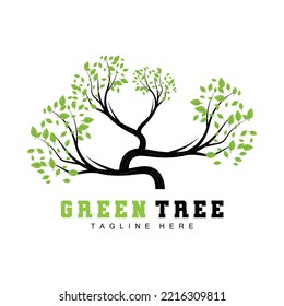 Green Tree Logo Design, Bonsai Tree Logo Illustration, Leaf And Wood Vector