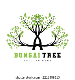 Green Tree Logo Design, Bonsai Tree Logo Illustration, Leaf And Wood Vector