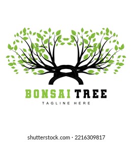 Green Tree Logo Design, Bonsai Tree Logo Illustration, Leaf And Wood Vector