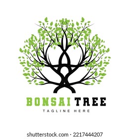 Green Tree Logo Design, Bonsai Tree Logo Illustration, Leaf And Wood Vector
