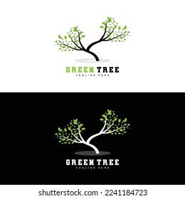 Green Tree Logo Design, Bonsai Tree Logo Illustration, Leaf And Wood Vector