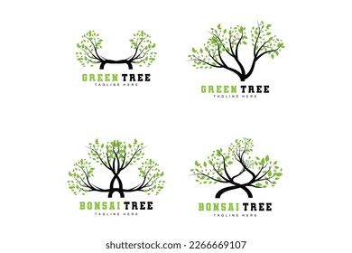 Green Tree Logo Design, Bonsai Tree Logo Illustration, Leaf And Wood Vector