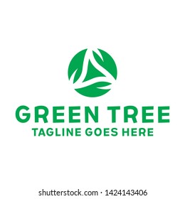 Green Tree Logo Design With Flat Style. Geometric Logotype. Bio And Organic Emblem For Company. Circle Icon For Business. Creative And Modern Plant Graphic Idea.