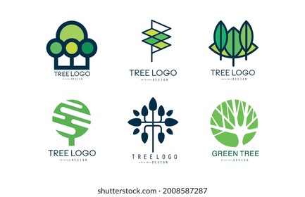 Green Tree Logo Design Set, Abstract Labels for Your Own Design Flat Vector Illustration