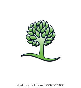 Ilustración del logotipo del árbol verde. Silueta vectorial de un árbol. Plantilla de diseño vectorial de logotipo. logotipo y gotas de agua combinadas con un árbol. diseño Vector Premium. Raíz de la ilustración del árbol